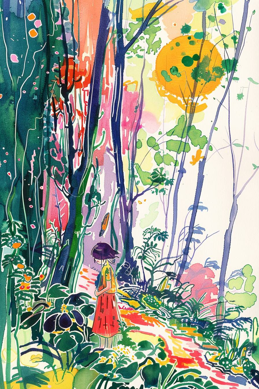 A young girl exploring an enchanted forest, surrounded by glowing plants and mythical creatures, with soft moonlight creating an ethereal atmosphere