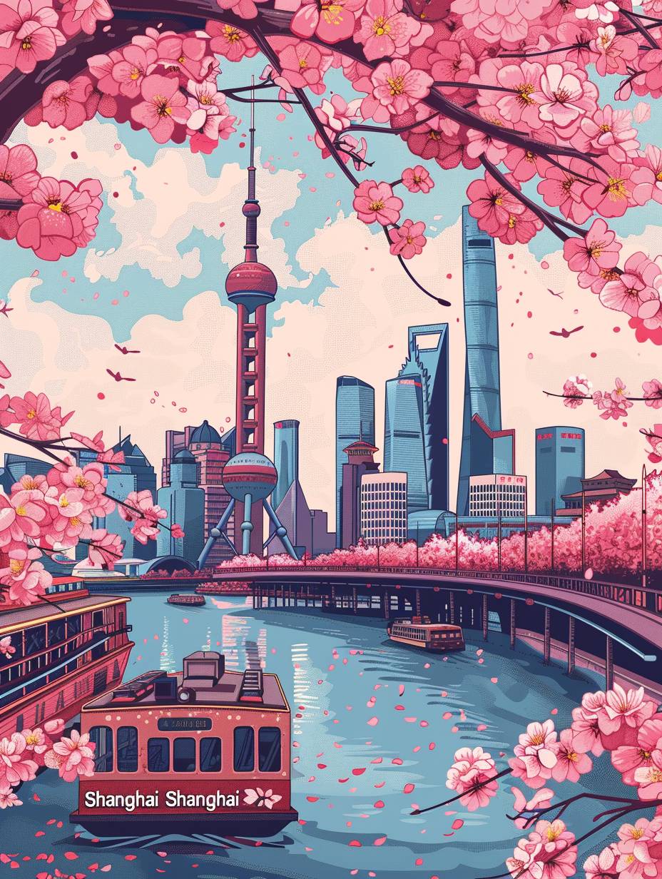 The 'Shanghai' area infographic, featuring spring and cherry blossoms, showcases a detailed map of Shanghai, the Oriental Pearl TV Tower, Shanghai Tower, Shanghai Jinmao Tower, and the Huangpu River. The word 'Shanghai' is displayed in a clear font, designed as an infographic. The illustration is in a cartoon style with high quality and complete details, using a light pink tone.