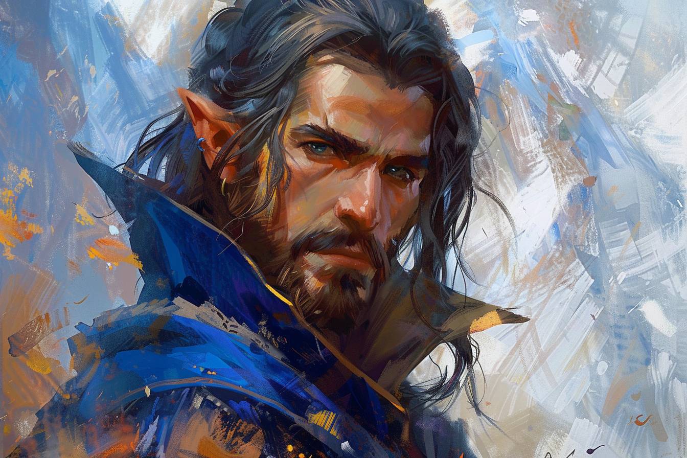 Elf mage portrait, by Alan M Smith, in the style of light blue and dark indigo, gigantic scale, handsome, adventurecore, Die Brücke, white and amber