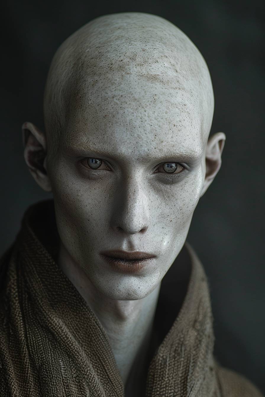 A photorealistic portrait of a ghostly white human with eerie pitch black eyes. The skin tone is albino pale white. Hair color is dark black, slightly wavy. Features include broad nose, full lips, high cheekbones, almond-shaped eyes, and large completely black almond-shaped eyes adapted to low light conditions. The subject is wearing plain, loose-fitting clothing in earthy colors. The image is in high resolution, 8k, with an extremely detailed skin texture showing pores and fine wrinkles. Soft, diffused lighting is coming from the left in a photo studio style. The portrait is captured with an 85mm lens, creating a shallow depth of field effect that blurs the background. The subject's facial expression is neutral and serious.
