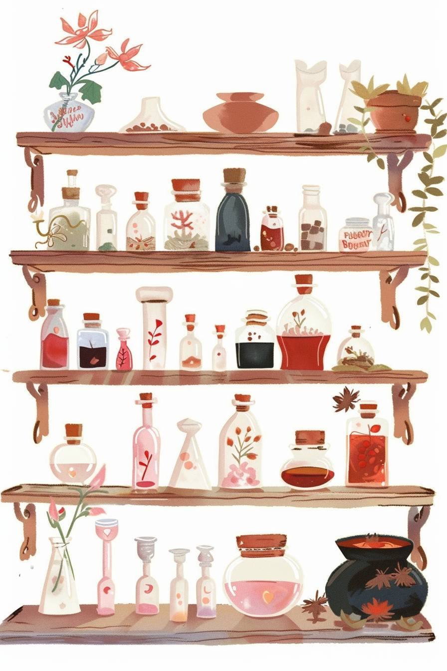 A charming, old-world apothecary shop, with shelves filled with curious potions, herbs, and mystical ingredients