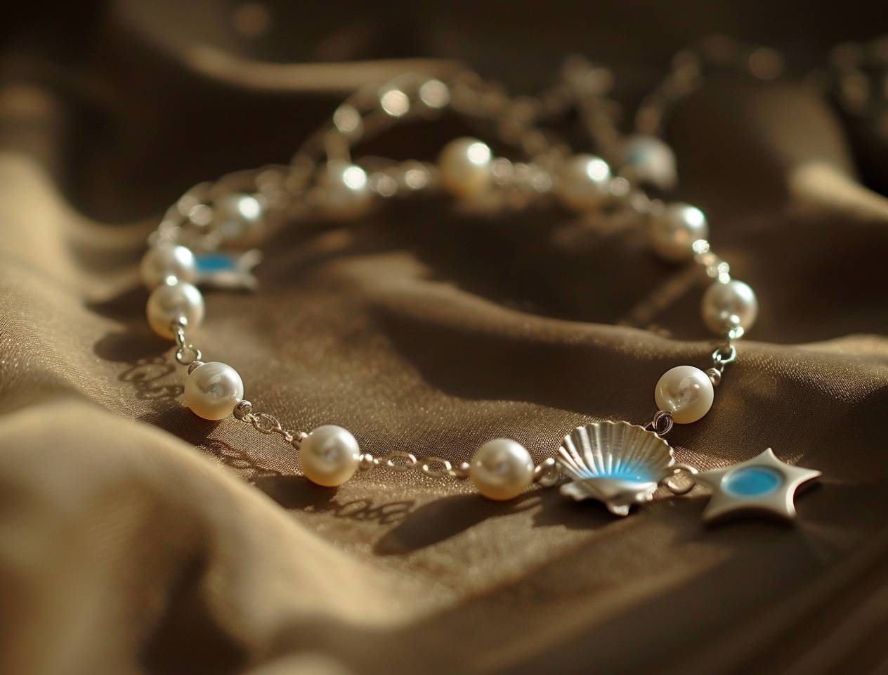 A delicate white pearl bracelet with one blue and silver shell charm, one small star pendant and three pearls in the middle of each chain is a photo taken in the style of an amateur using their phone camera, posted on reddit/ snapchat in 2018.