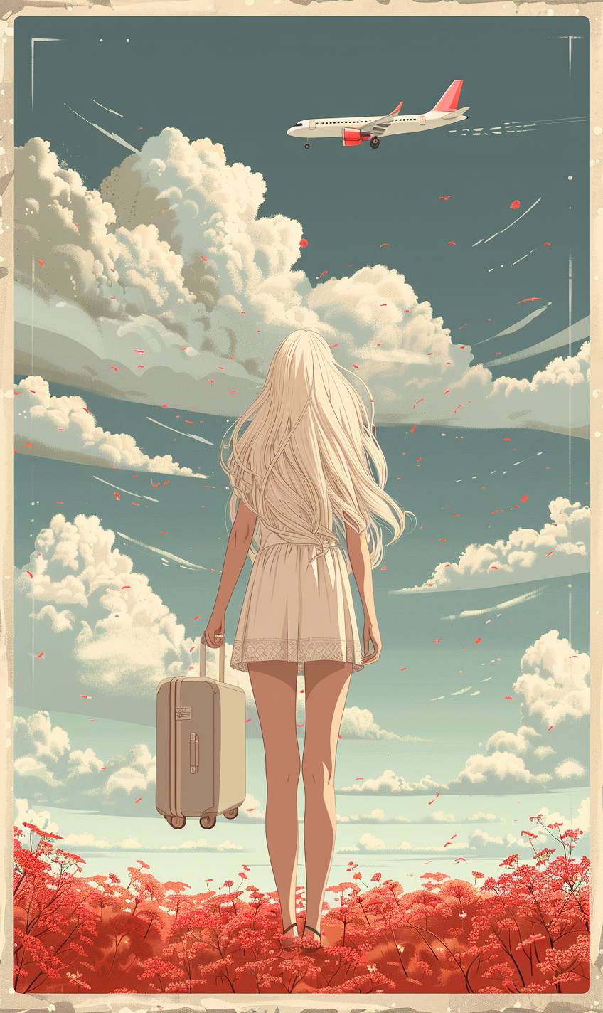 Vector illustration of a back of a white-skinned girl with long white hair standing in front of a flying airplane holding a luggage bag in flat style, summer, pastel color palette