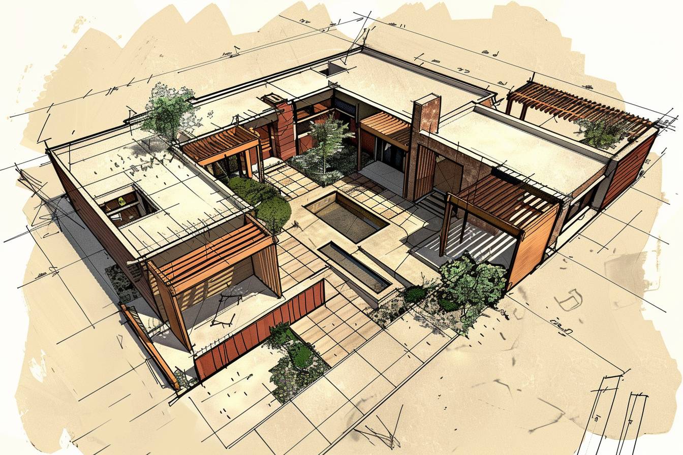 Design study with multipanel breakdown of orthographic views and 3/4 views. Design object is a courtyard with a very small geometric water feature. The courtyard is wrapped on three sides by a 3800 square feet sized two-story house. The second-story rooms should be connected. The house is modern craftsman combined with a bit of Frank Lloyd Wright, minimalist, and industrial styles. The roof of the house is standing seam metal in a V-shape and has solar panels. Materials are flagstone, stucco, steel. Horizontal lines are accentuated. -Midjourney user benbitdiddle