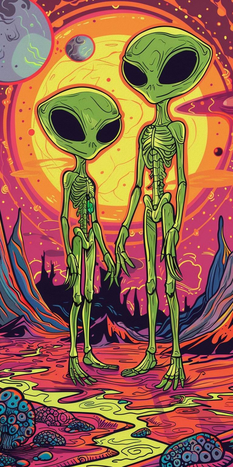 A coloring book cover image of aliens on Mars, full color, simple bold lines, suitable for coloring, detailed, hyperrealistic, psychedelic
