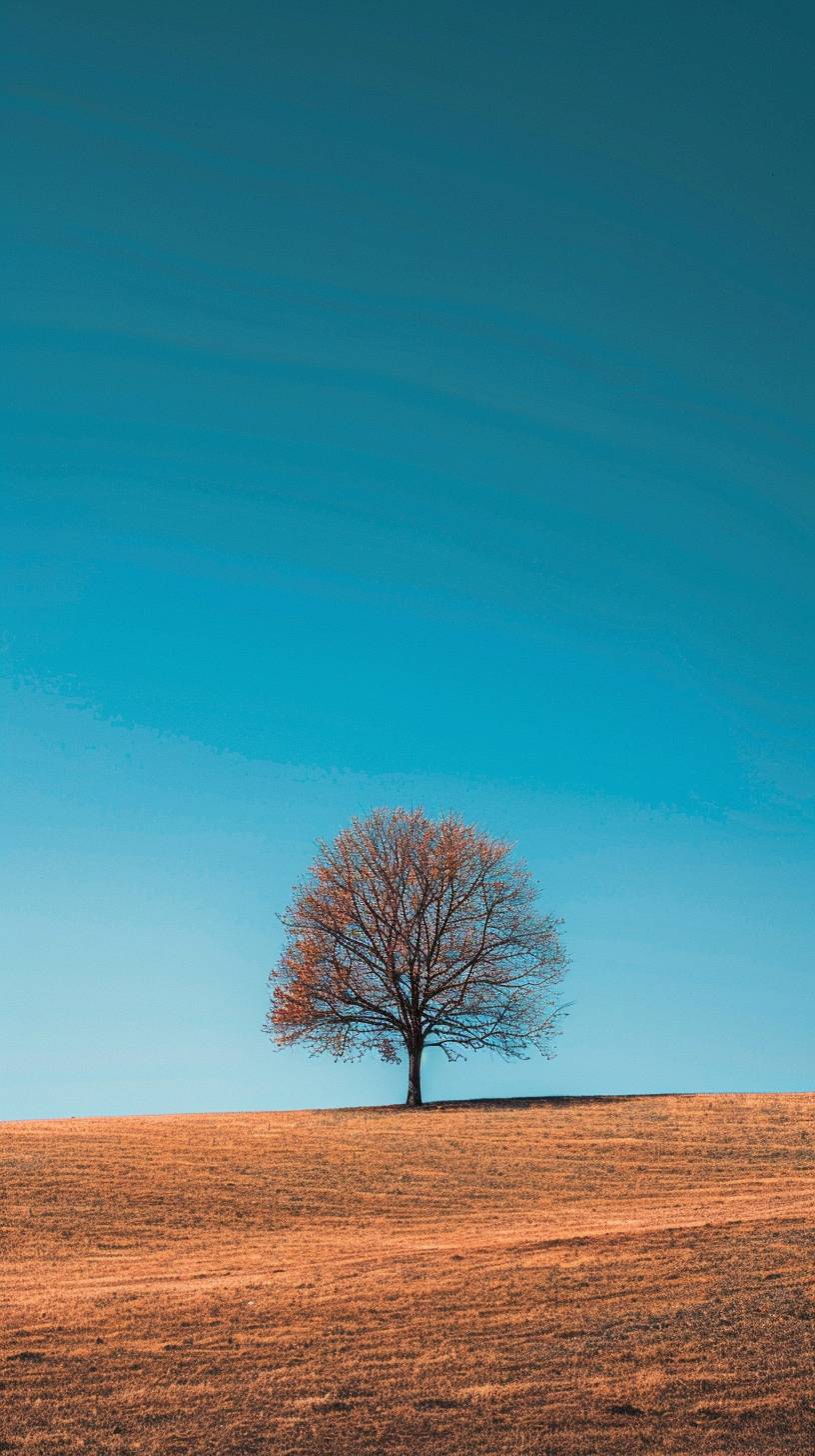 The Perfect Wallpaper for iPhone, The Best Magnificent Photo, Minimalist Photography, A minimalist depiction of a lone tree in a vast, open landscape. The frame is dominated by the simplicity and abstract geometry of the scene, with an emphasis on stark lines, uncluttered composition, and spatial balance. Shot with Hasselblad H6D-400c for photorealistic detail, with an absence of noise or unnecessary elements. High resolution, High details, and High contrast, Award-winning wallpaper, In the style of minimalist --ar 9:16 --v 6.0