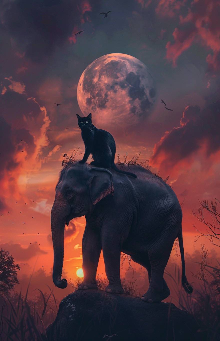 A cat on the back of an elephant, mystery, other animals, minimalistic painting
