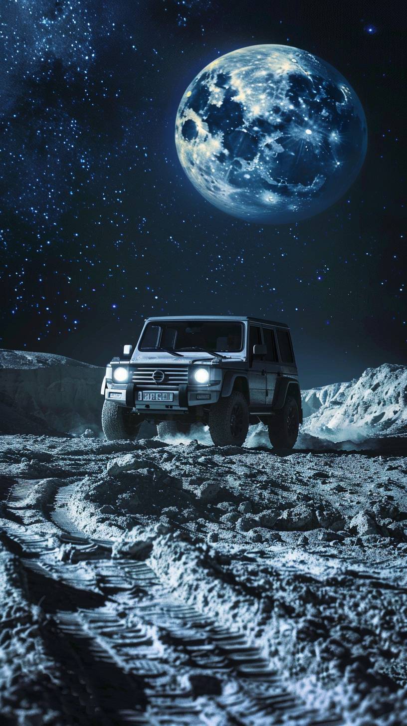 SUV car, Gray color, driving towards the moon, in the background the illuminated planet earth, super realistic