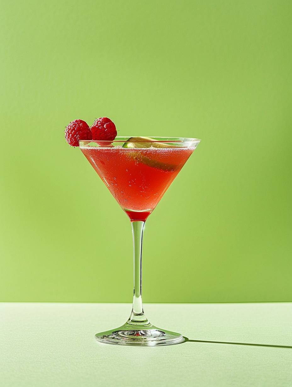 Professional realistic photograph, product photography, close up, minimal style, elegant, high end, raspberry daiquiri, minimal soft pastel lime green background