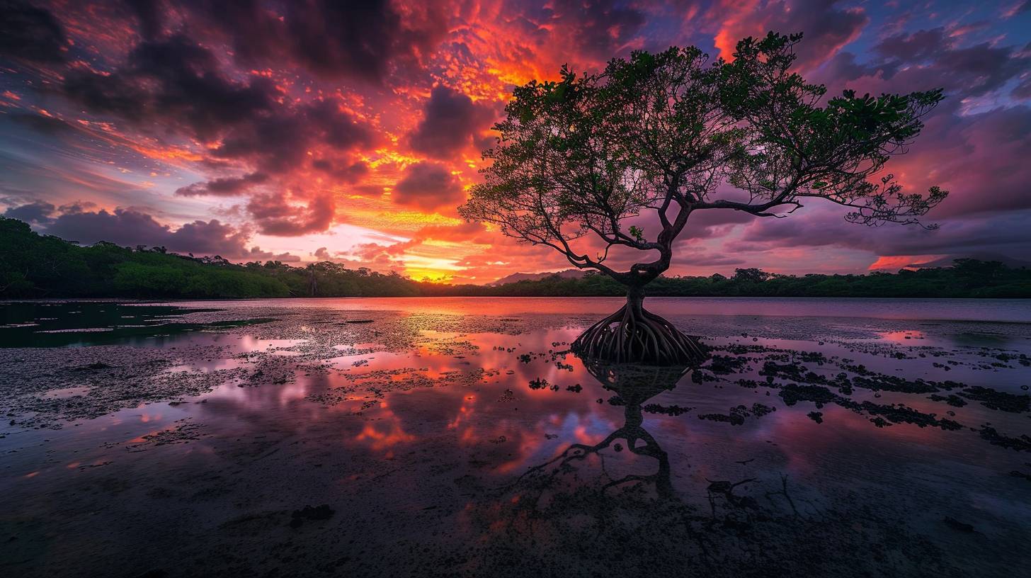 Mangrove, landscape photography, expansive, awe-inspiring, breathtaking, vivid colors, dramatic lighting, low-angle shot, very slow shutter speed, Neutral Density Filter, sunset