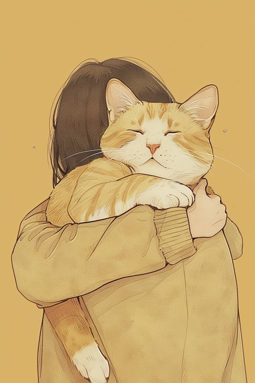 A cute illustration of a Korean shorthair cat hugging a person with its whole body, the cat's face is visible and the person's back, warm butter-colored background, let's use it as a book cover. Try using colors that give a warm feeling.