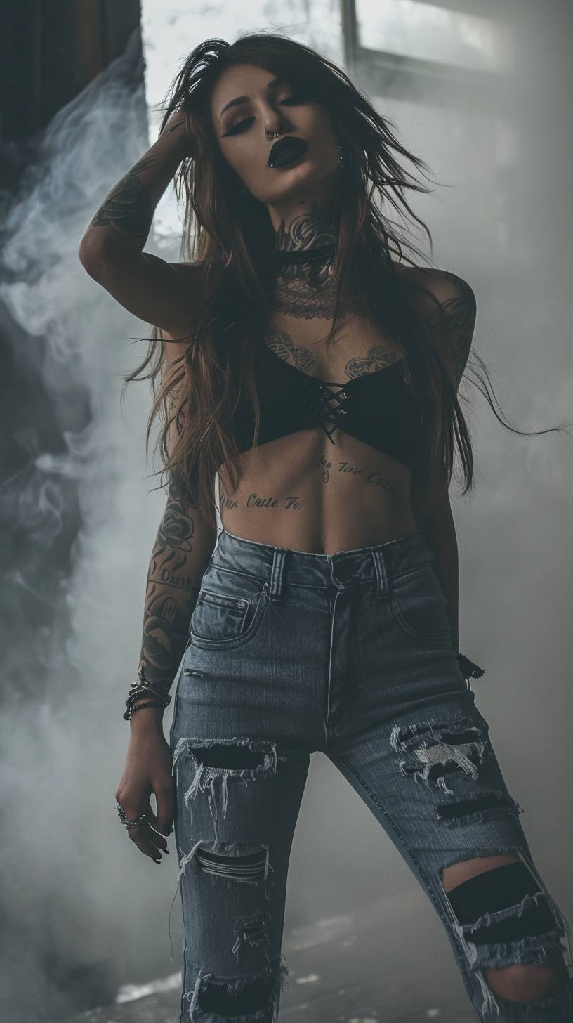 Dark and mysterious, a female model with a grungy, punk-rock inspired look, dressed in a black, ripped, and worn crop top that showcases her tattoos on her arms and upper chest, paired with heavily distressed blue jeans, adding to her edgy, alternative style. Dark shadows and fog, blurred, neo-expressionism, black and white monochromatic palette, grey scale