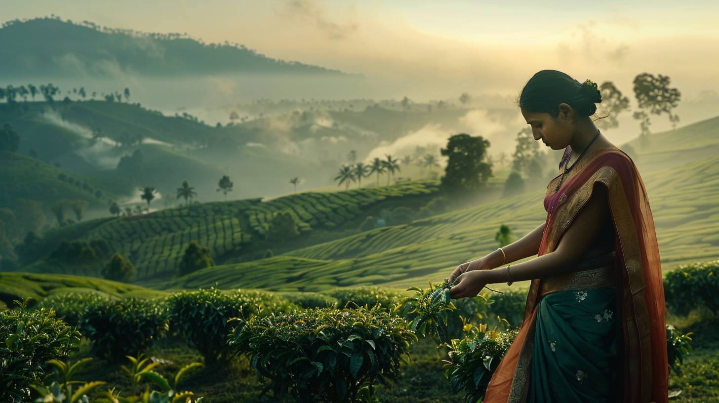 Woman in a sari, picking tea leaves. Dark eyes. Graceful hands. Indian tea plantation. Morning. Misty hills, rows of tea bushes. Wide shot, full body. Diffused lighting, mist softening the landscape. Vibrant color palette.