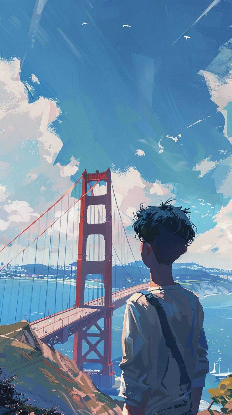 A picture of the San Francisco Golden Gate Bridge in the style of 1980s Macross or Robotech anime series. Under a blue sky, a young man is standing in Marin, looking at the Golden Gate Bridge towards the city. It's windy and he looks ambitious. He has very black hair. --ar 9:16 --v 6.0
