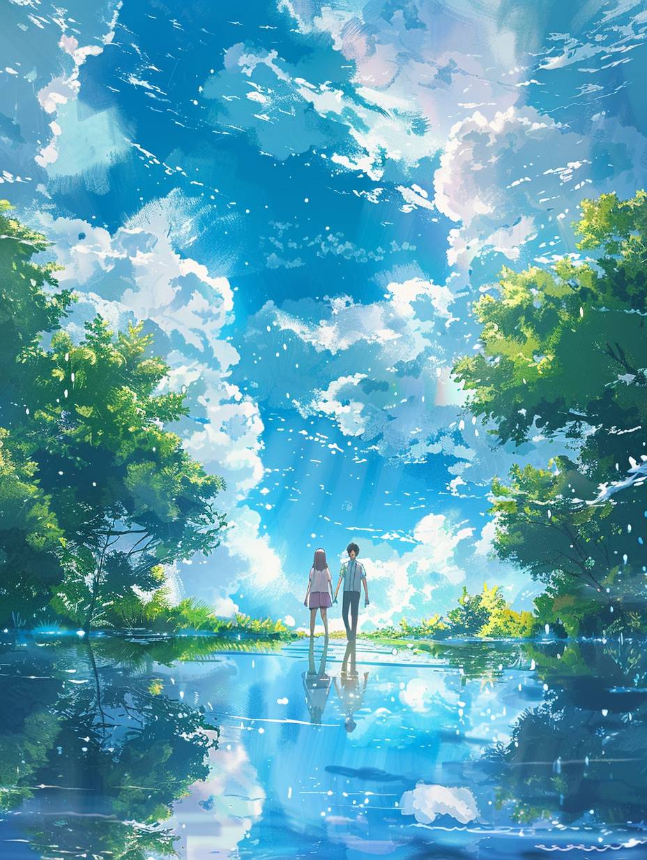 A couple holding hands and walking in the blue sky, surrounded by green trees, in the anime style, in the style of Makoto Shinkai, with light white and cyan colors. Movie poster with colorful animation stills, shining clouds, and shining water droplets, all in the sunshine style.