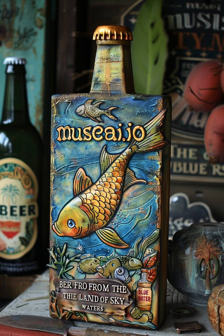 Tin painting with 'musesai.io', 'BEER' and 'FROM THE LAND OF SKY BLUE WATERS'