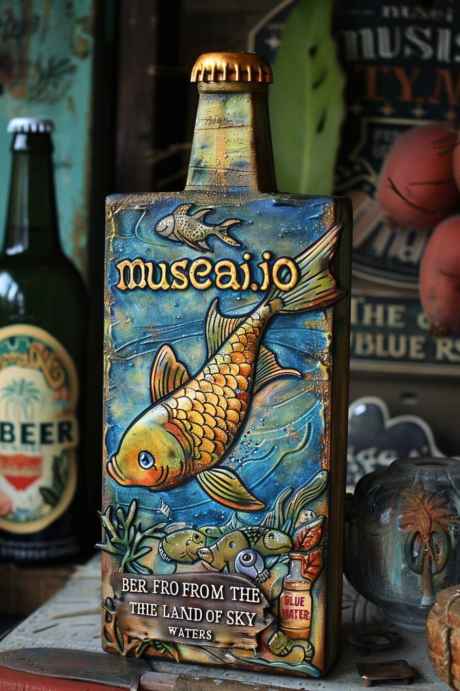 「musesai.io」、「BEER」、「FROM THE LAND OF SKY BLUE WATERS」が描かれたティンペインティング