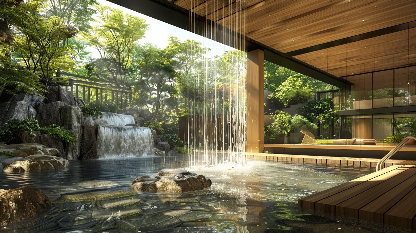 Large interior designed by Kengo Kuma, harmoniously blending natural elements and modern design, an eco-friendly structure featuring pools and falling water.