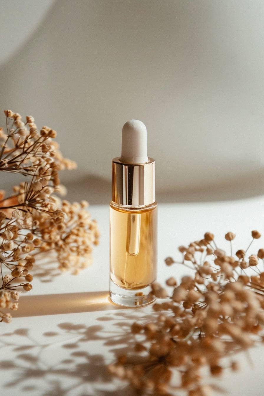 Mockup of gold face serum, creative direction, product styling, product portfolio, product photography, negative space -- style raw -- size 90 -- aspect ratio 2:3 -- version 6.0