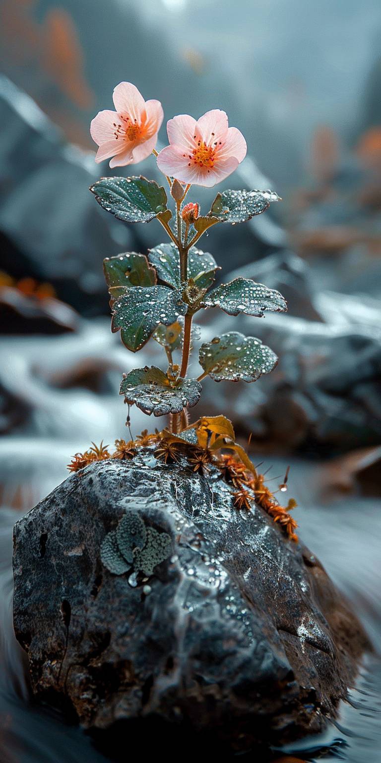 A small plant grows on the edge of an old stone, surrounded by flowing water. The macro photography captures the romantic style with soft tones, a blurred background, and blurred foreground creating a depth of field effect. The high definition photography shows exquisite details with high resolution. The camera focuses on one leaf to highlight its texture and shape. A few flowers bloom in front of it, adding beauty and vitality in the style of romantic photography.