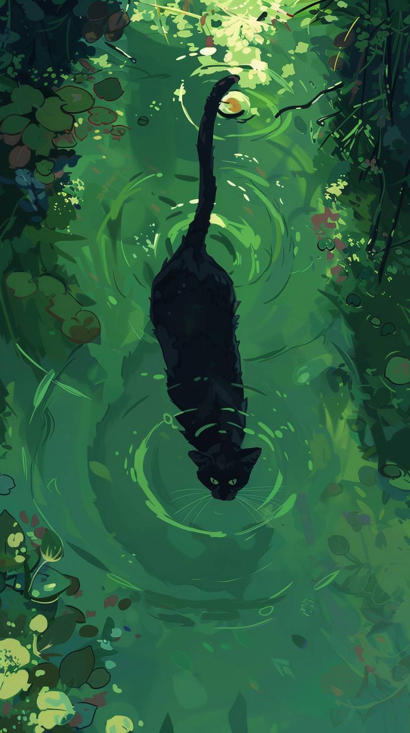 A black cat floating in the center of an endless green pool, in the style of Atey Ghailan and James Jean.