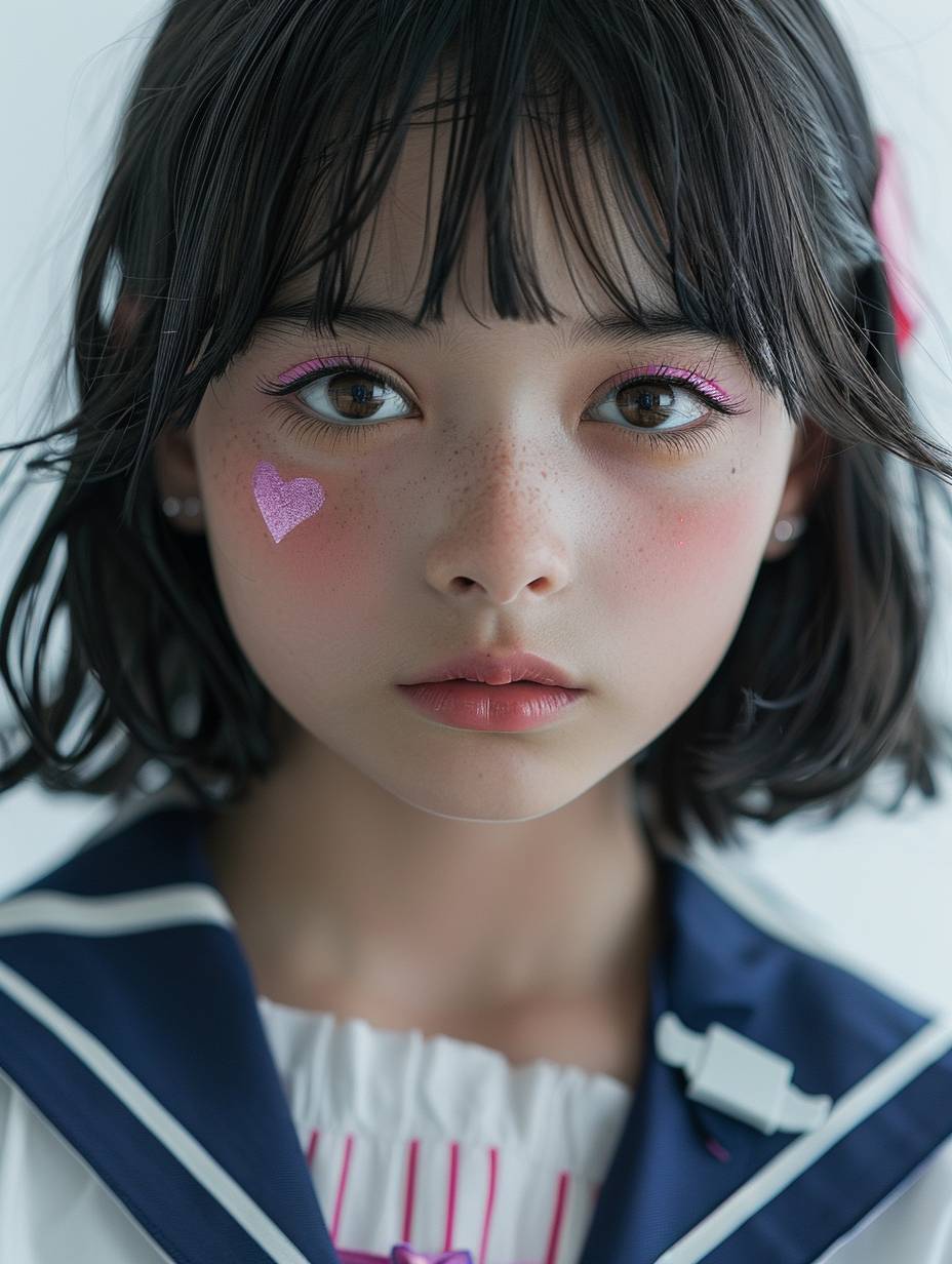 A 9-year-old Chinese girl with delicate and cute makeup, big eyes, a smiling face, pink and purple eyeshadow, pink blush, and purple lipstick. She has a pink heart painted on her cheek and black bobbed hair, wearing a sailor suit and new jeans style with a white background. The close-up shot captures her delicate skin and super detail.