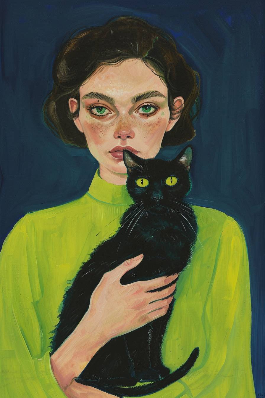 A vintage style gouache painting in the manner of Maira Kalman, depicting an androgynous woman with green eyes wearing lime green, holding a black cat against a navy blue background, simple, minimalistic, cute.