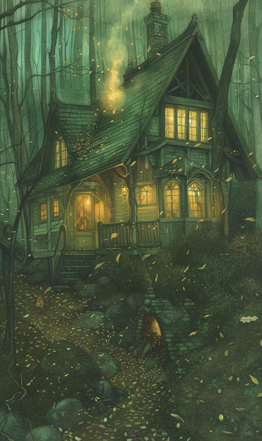 A cozy cottage in the woods during autumn, warm light glowing from the windows, leaves falling gently, smoke rising from the chimney