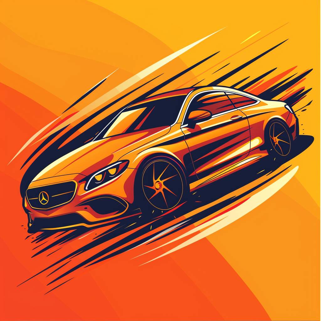 A pop art style digital logo featuring a sleek sedan from a diagonal angle, with flowing lines and vibrant orange colors. The background is minimalistic, emphasizing the car's dynamic and stylish design, in HD quality, vivid style