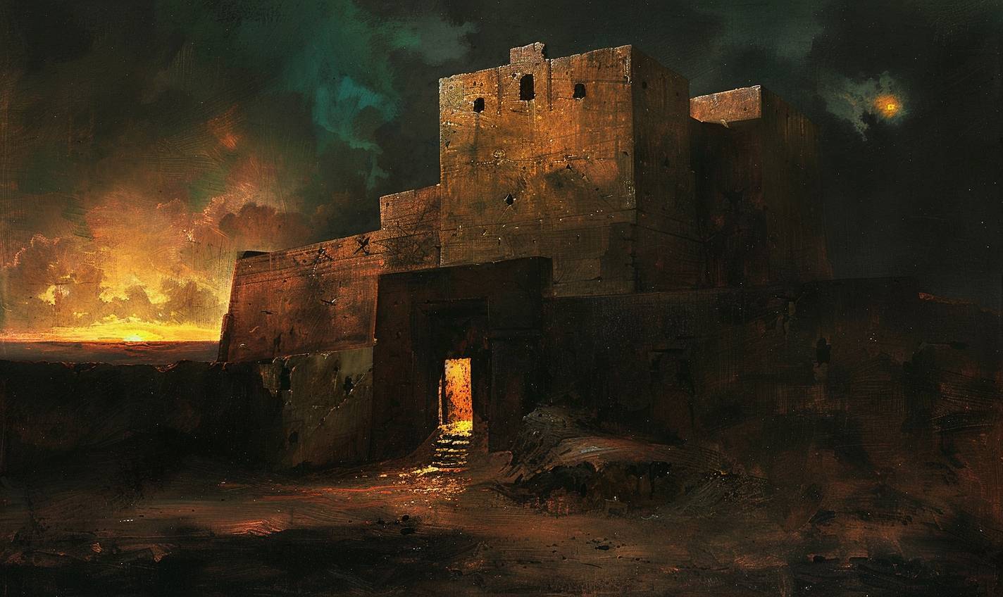 アンドリュー・ワイエスのスタイルで、明かり立つ古代の要塞