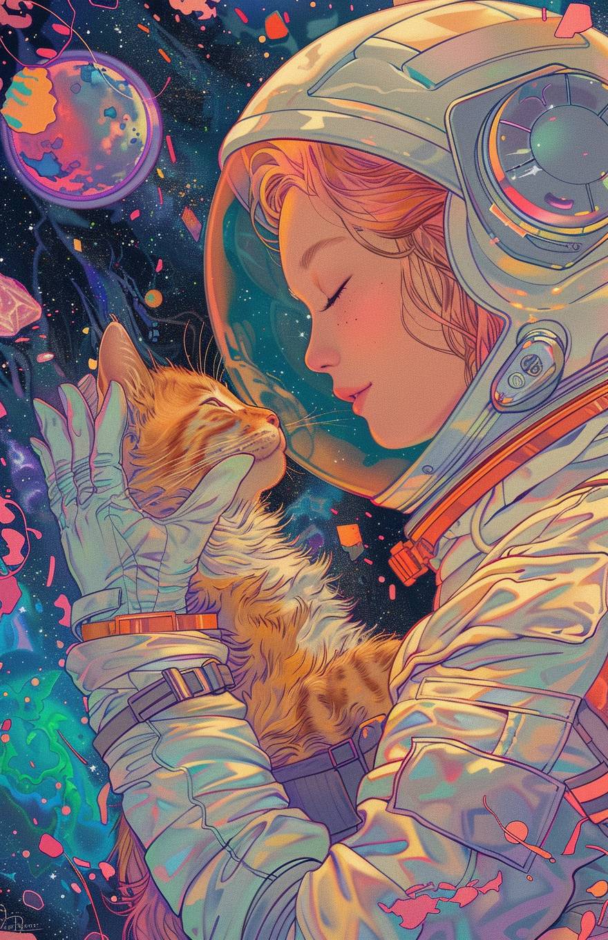 宇宙飛行士の少女が仰向けに横たわり、片手で猫の足を握りしめながら微笑んでいます。手のアップのドローイングは、カラフルな鉛筆画のスタイルで、フラットなイラストと夢見るような色彩で描かれています。明るいパステルカラーのパレットは、柔らかいライティングと繊細なディテールを持つベクターアートのようなシンプルな線で表現されています。超現実主義のスタイルは、超高精細でハイパーリアルな質感を持っています。