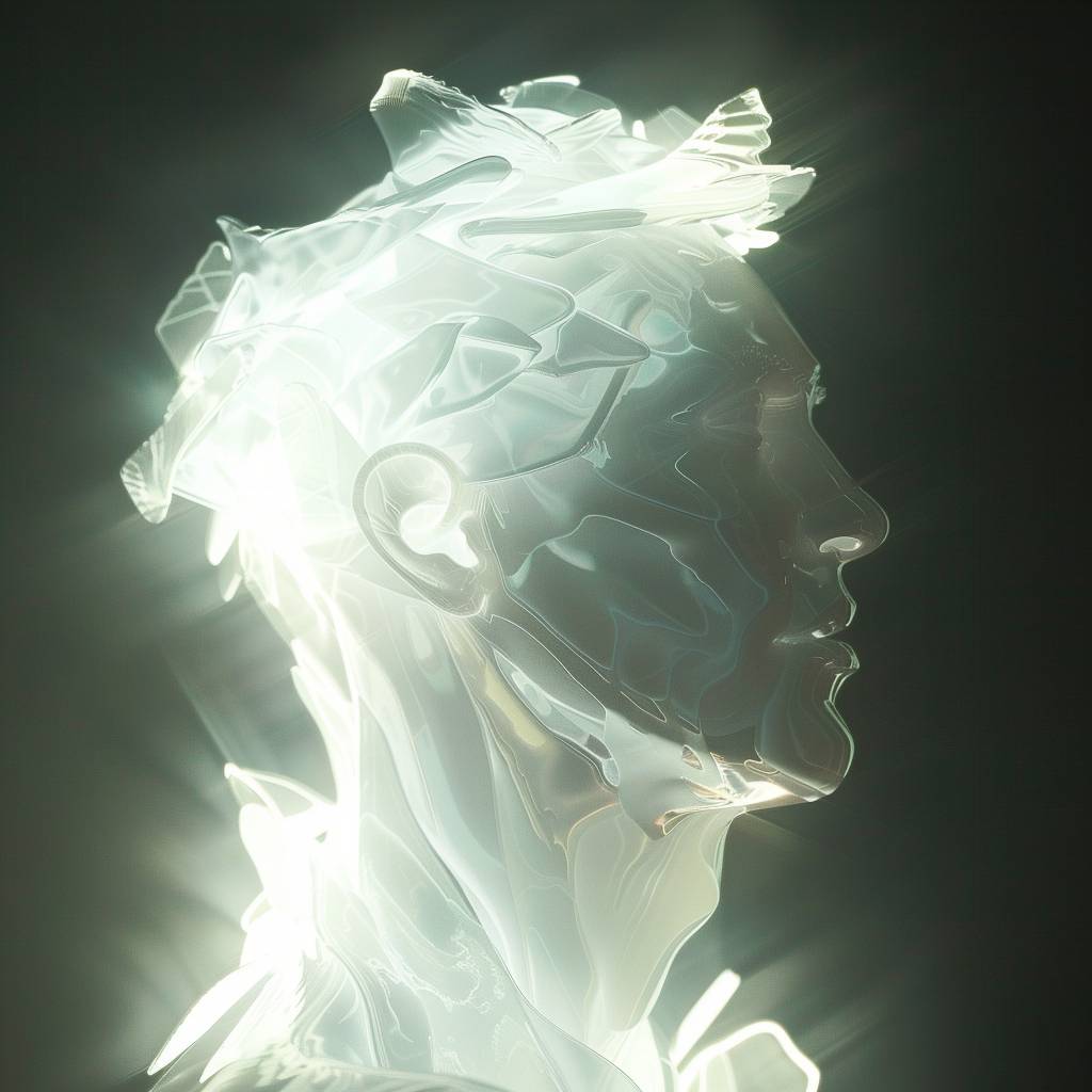 a glowing white silhouette of a [SUBJECT], ethereal background, glass morphism, iridescent, hyper-realistic --v 6.0