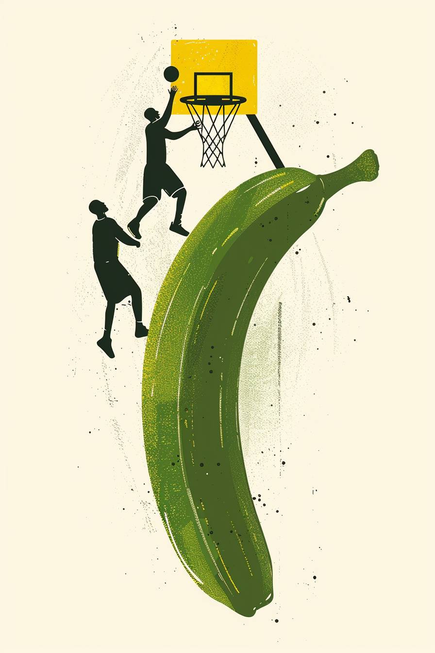 中央に横向きの緑色のバナナが浮かぶミニマリストスタイルのイラストです。バナナの上部にはバスケットボールフープがあり、NBAのバスケットボールスター2人がバナナの上でバスケットをしています。背景は真っ白です。