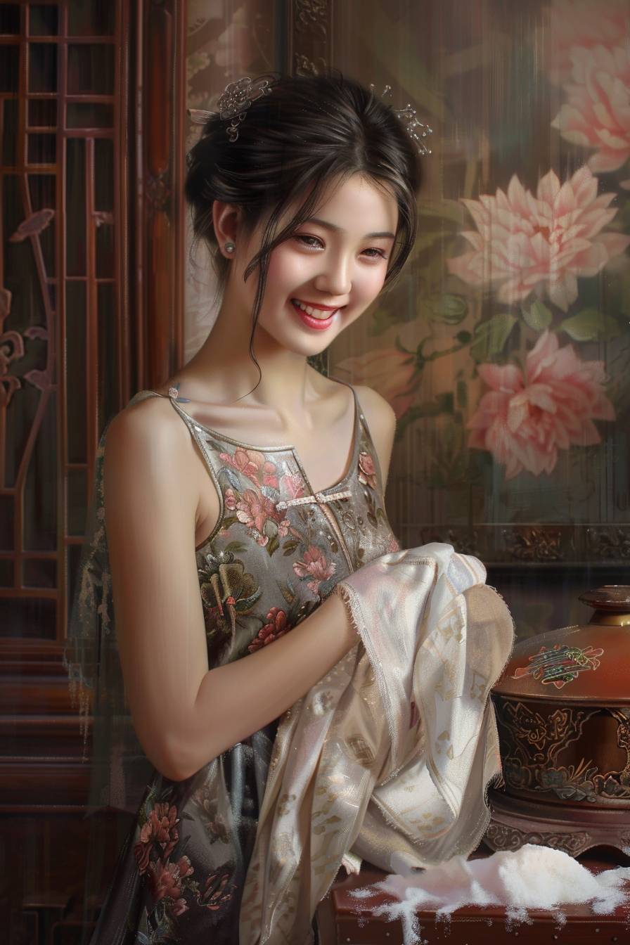 A beautiful young Chinese woman, wearing a dress, holding a scouring cloth sponge, smiling