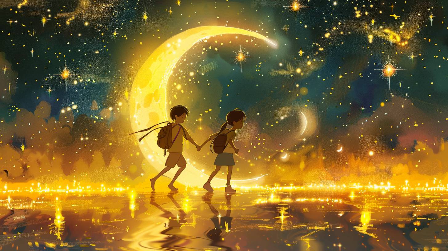 A boy and a girl are running hand in hand, carrying backpacks, under the crescent moon with stars shining brightly behind them. The background is an illustration of a yellow night sky. They appear to be enjoying each other's company as they walk towards the horizon.