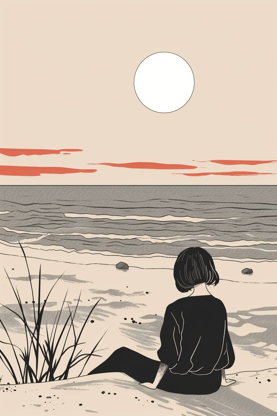 The short hair girl feeling is so lonely on the beach in 1970s, lineal illustration, minimal art style