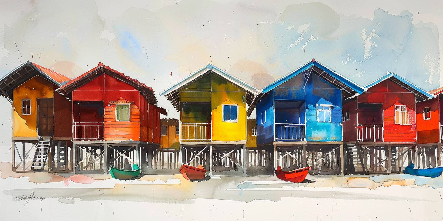 A row of colorful houses, watercolor painting, colorful house, minimalist, white background
