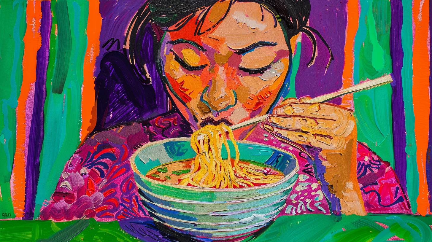 中国箸を使ってラーメンを食べる女性。彼女の口には麺が入っている。緑と紫のストライプのテーブルクロス。アンリ・マティス風の明るい色使いと、グアッシュのテクニックで描かれた作品。