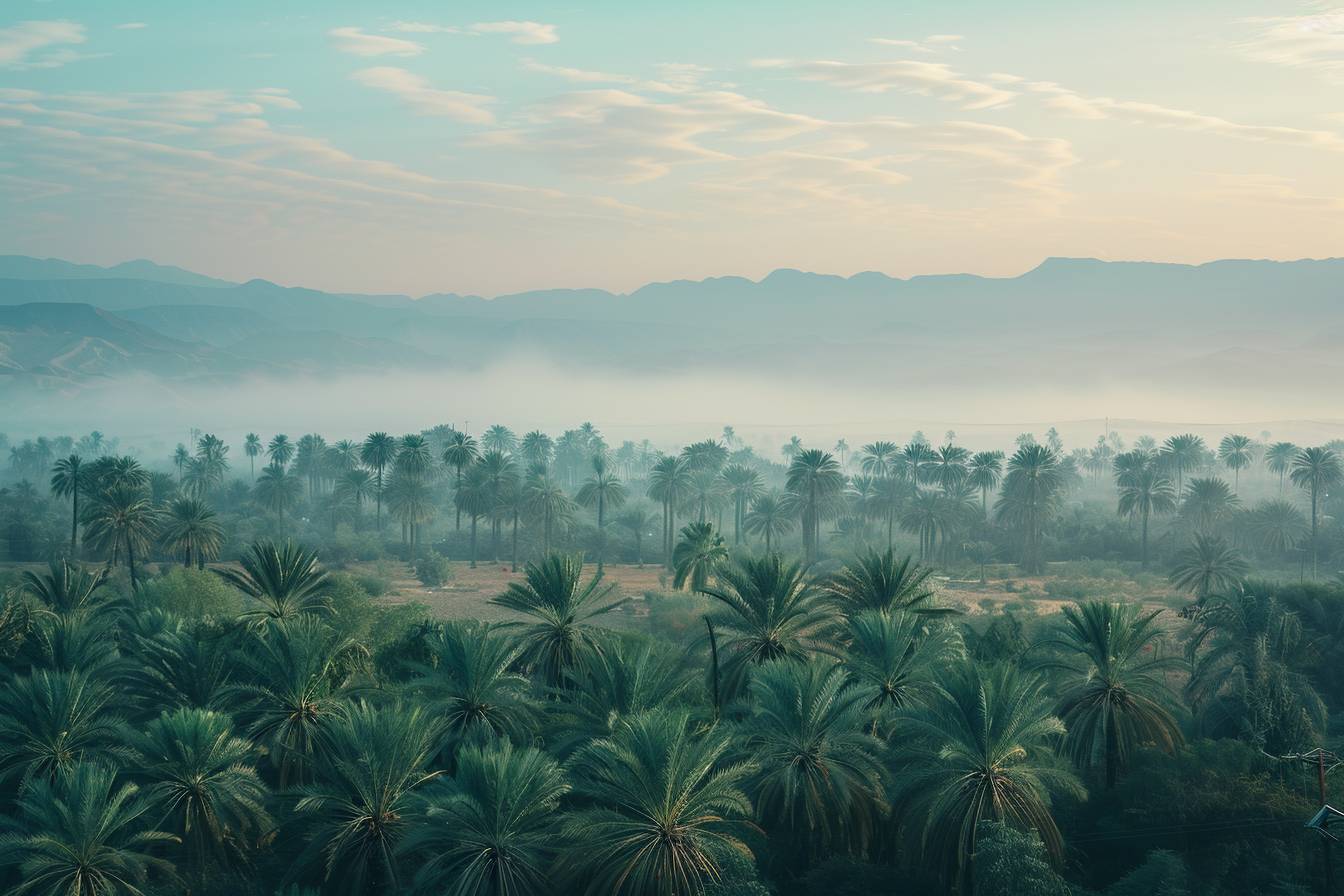 A hazy, shimmering oasis, where palm trees sway to the rhythm of the desert wind, and mirages dance on the horizon, beckoning travelers to the unknown.