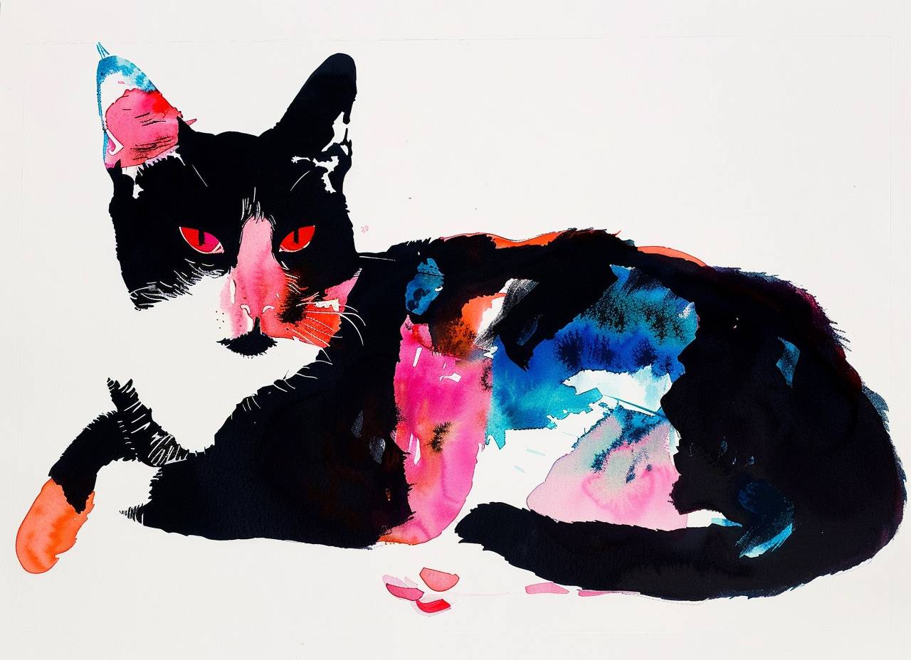 Watercolour independent artist Alasdair McLellan. About cats, Color blocks are expressed in a simplistic way, In the style of Surrealism, Colors are mainly bright and colorful.