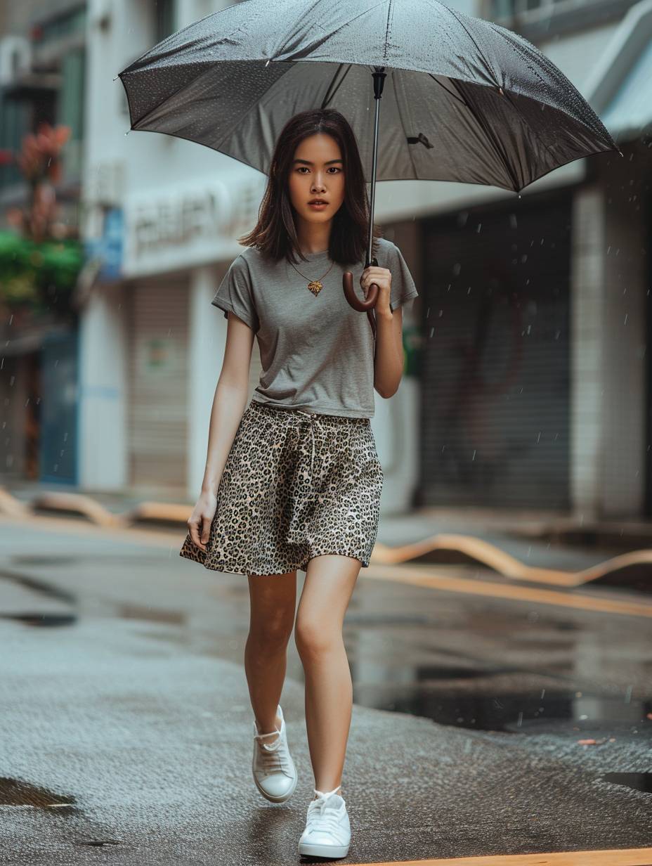 肩丈の茶髪をしたアジアの女性が、グレーの半袖トップスと膝下までの豹柄のサテンスカートを着用しています。 彼女は白いスニーカーを履いて、傘を持ちながら街を歩いています。 天気は灰色で軽い雨が降っています。 使用機材: キヤノンEOS 5D、自然光、都市写真、ボケ効果、三分割法則、ぼかし、ストリートスナップ写真、被写界深度、シャープな焦点、色補正、ポストプロセッシング。