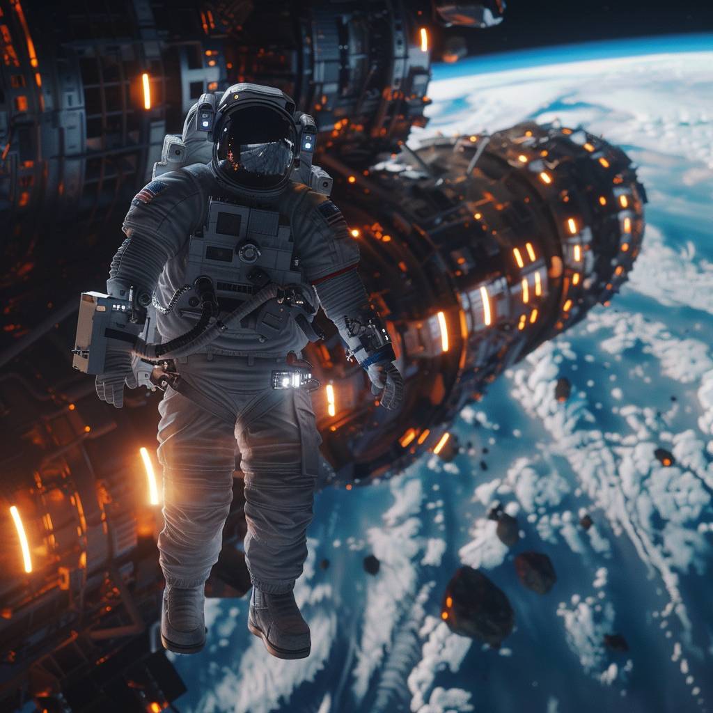 宇宙飛行士が巨大な宇宙ステーションの近くを漂っており、背景には地球の曲率が見え、鮮やかな地球の輝き、複雑な機器の詳細、宇宙の深さがあり、写実的なサイファイブロックバスタースタイル