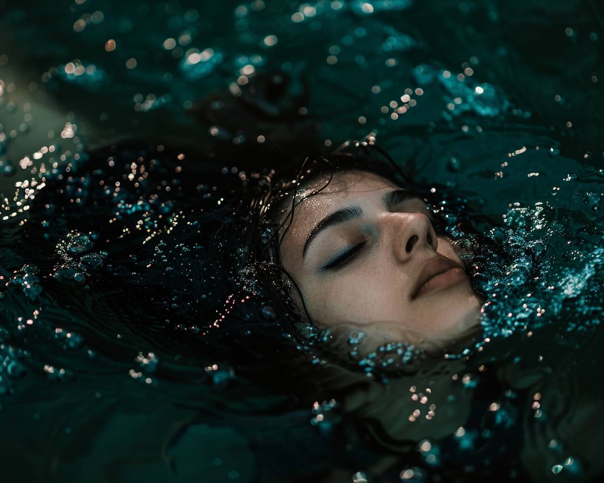 Dark underwater photo of woman lying in the water