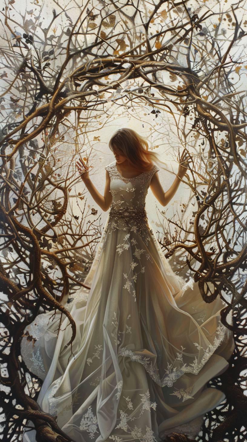 A young, stunning woman stands in the center of a vast network of branches, her presence weaving together the intricate connections of life, as the dendritic patterns around her symbolize the interconnectedness of all living things.