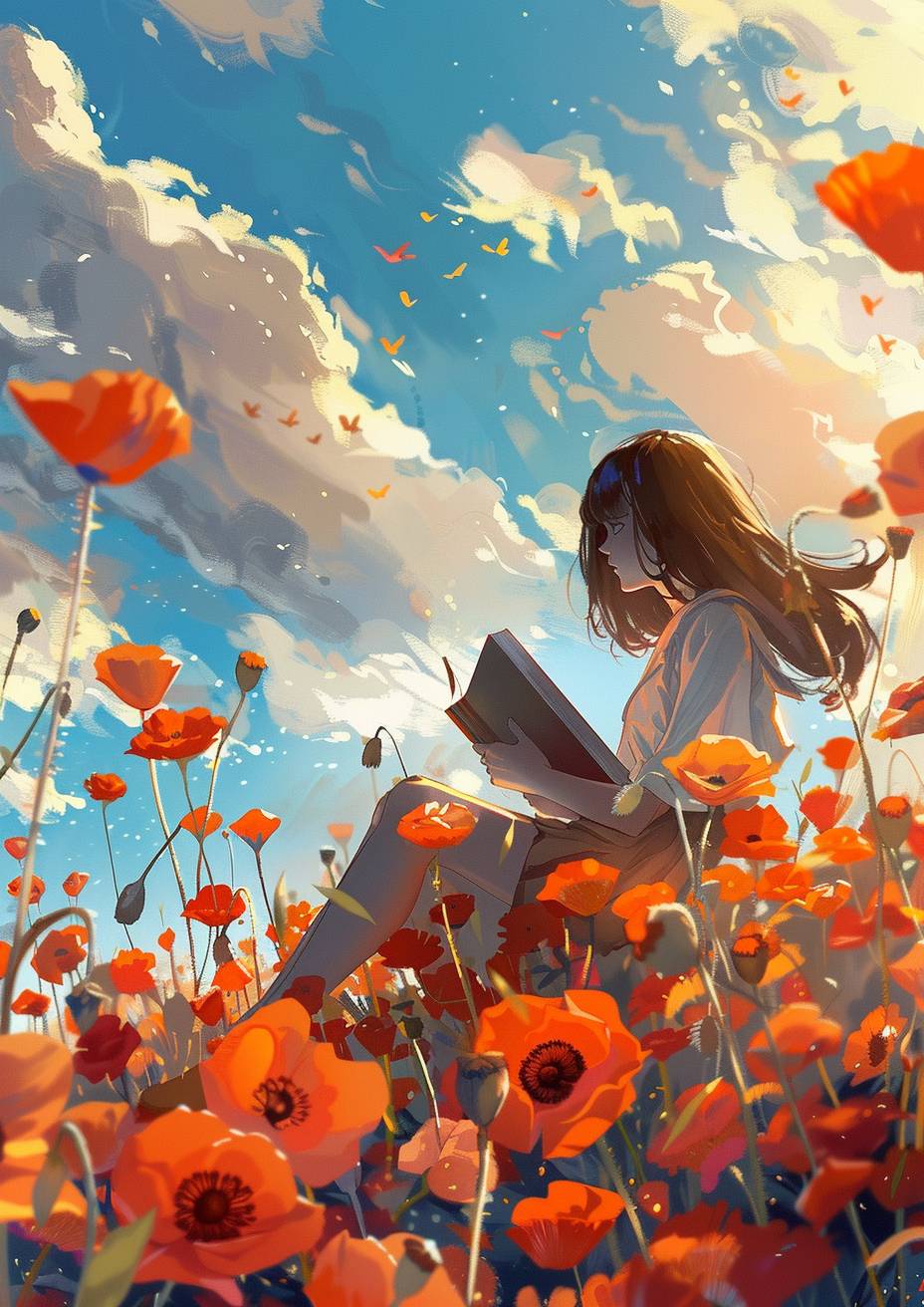 A girl is sitting on top of poppies reading, with the sun shining behind her.