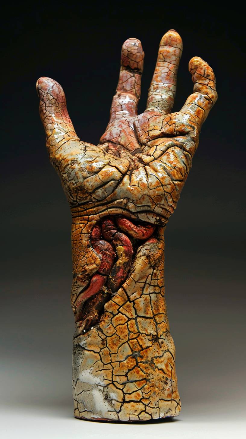 sculpture of a muscular open hand, cellular, Raku ceramic