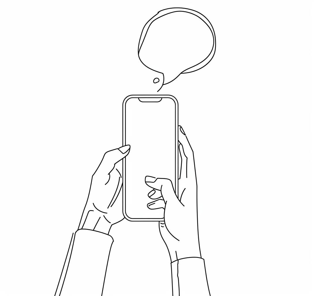 One Line Drawing style, a simple drawing of a hand holding a smartphone with a chat bubble over the screen, on a white background, in the style of an anonymous artist.