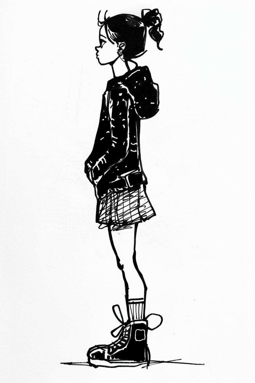 Gemma Correll風のスタイルで、キャラクター、インクアート、側面ビュー