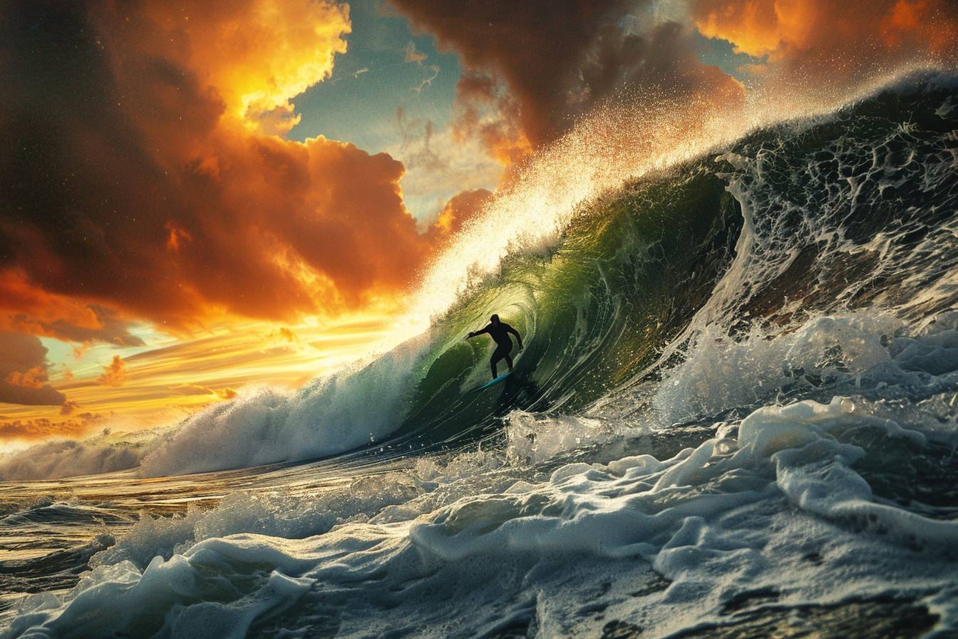 A surfer riding a huge barreling wave with the sunset behind him. Dramatic ocean spray. Poster shot