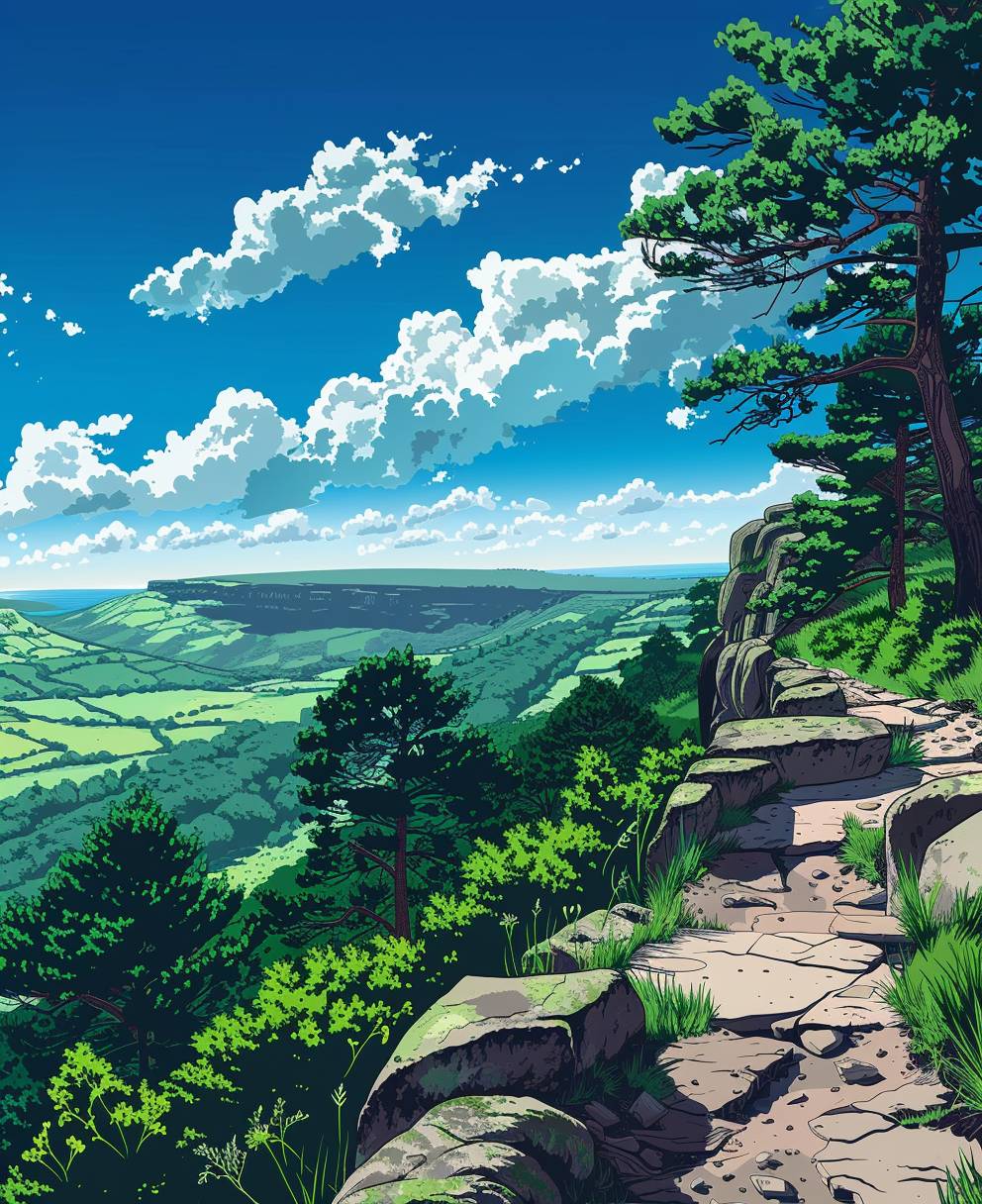 Beautiful view of Derwent Edge, Peak District, England, summer, blue sky, 2D illustration